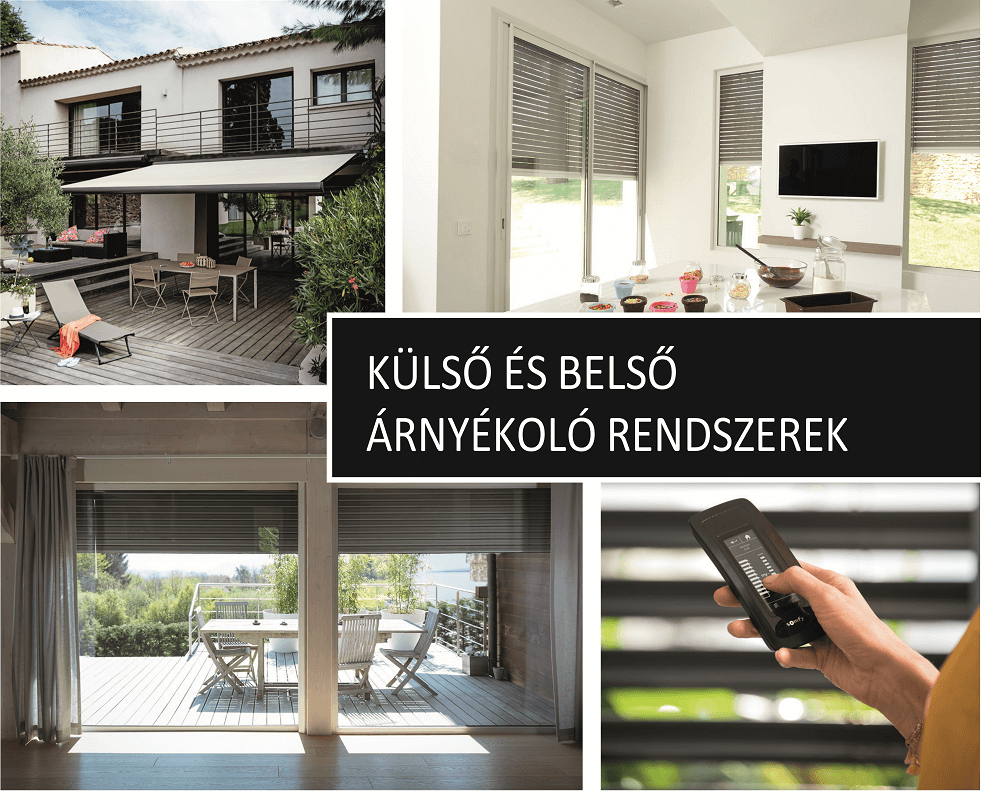 Montázs külső és belső árnyékolókról: napellenző, reluxa, függöny és távirányító