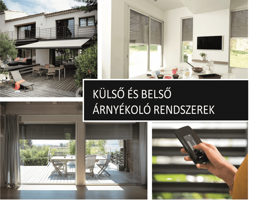 Montázs külső és belső árnyékolókról: napellenző, reluxa, függöny és távirányító