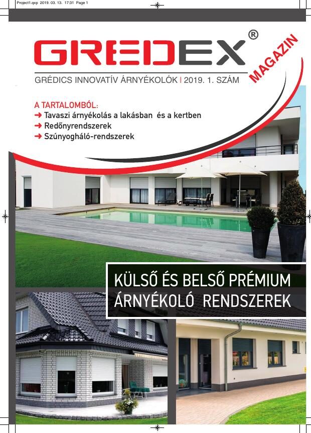 A Gredex magazin 2019/1. számának címlapja, külső és belső prémium árnyékoló rendszerekkel