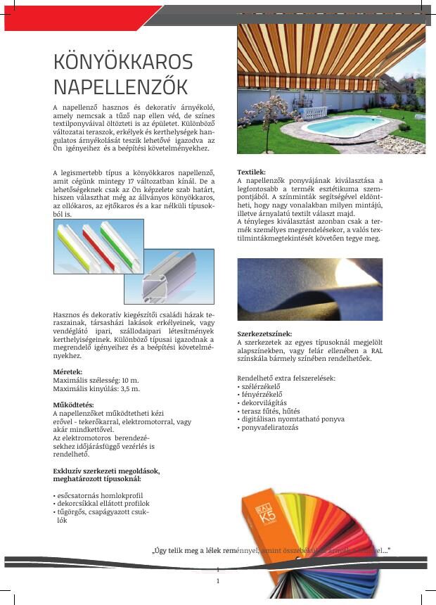 A Gredex napellenző katalógus nyitóoldala, könyökkaros napellenzőkkel