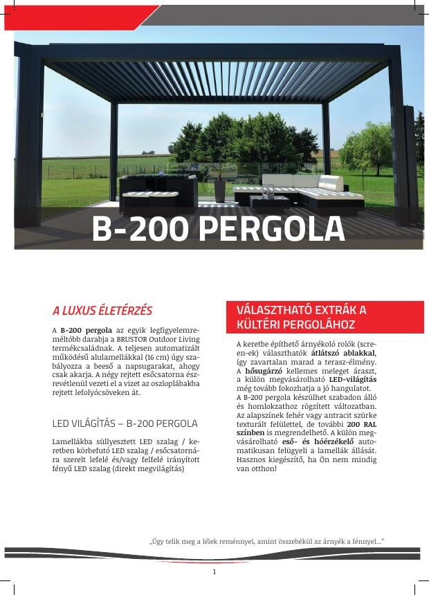 A Gredex outdoor katalógus nyitóoldala, a B-200 pergolával