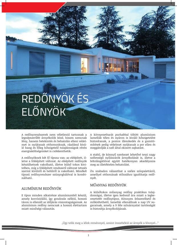 A Gredex redőny katalógus nyitóoldala, Redőnyök és előnyök címmel