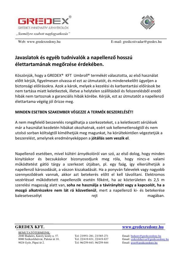 Az Umbroll típusú napellenző karbantartási útmutatójának első oldala