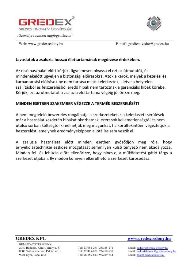 A zsalúzia karbantartási útmutató első oldala