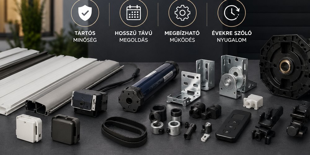 Redőny-alkatrészek egymás mellett: profilok, motor, konzolok, görgők, távirányító