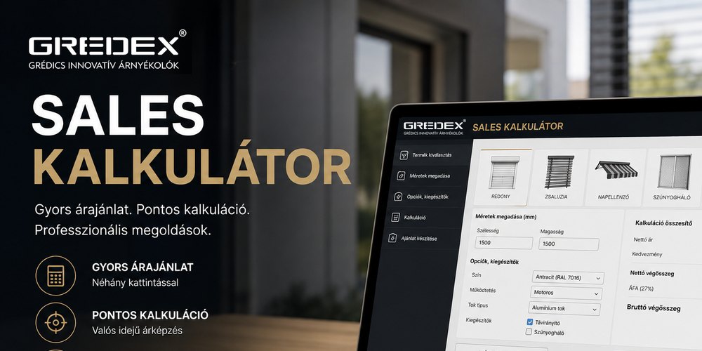 A Gredex Sales Kalkulátor felülete egy laptop képernyőjén, termékválasztóval és kalkulációval